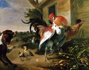 Aves de capoeira e Spaniel em um curral de Melchior de Hondecoeter