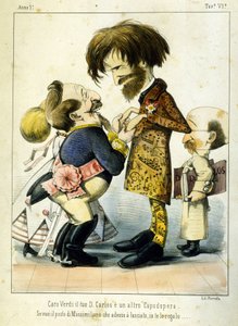 Desenho animado sobre Giuseppe Verdi e Napoleão III após a ópera Don Carlos, em Paris, em 1867. Caricatura de Melchiorre Delfico. Coleção Privee Milan