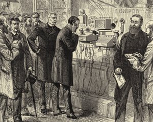 Abertura da linha telefónica anglo-inglesa. A primeira conversa telefónica entre Londres e Paris no General Post Office, em Londres. Foram utilizados instrumentos Bell na extremidade londrina. Gravura em madeira Paris, 28 de março de 1891. Gravura. de Melton (after) Prior