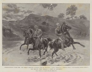Correspondentes sob fogo, o estilhaço do inimigo explodindo sobre o Sr. Nevinson (Daily Chronicle), Melton Prior (Ilustrado London News) e Servant, ao cruzar um Drift em Ladysmith de Melton Prior