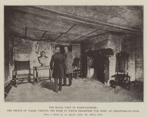 Visita Real a Warwickshire, o Príncipe de Gales, na sala em que Shakspere nasceu, em Stratford-on-Avon de Melton Prior