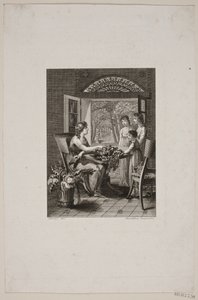 Ilustração com mulheres ao redor de uma mesa em uma sala de jardim de Meno Haas
