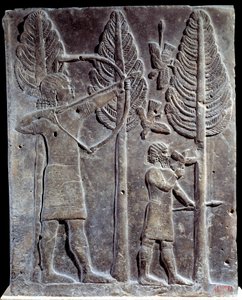 Cena de caça às aves. Baixo relevo em albastro do Palácio de Sargão II ou Sharroukin, Rei da Assíria até Khorsabad (Khunsabad) (Mesopotâmia), Iraque. 722-705 AC. Paris. Museu do Louvre de Mesopotamian Mesopotamian