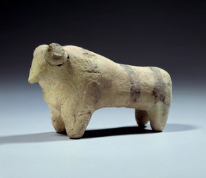Medopotamie: Estatueta de touro de terracota com tiras pintadas. Período Obeid (5000-4000 BC) 4700-4200 BC. Paris, Museu do Louvre de Mesopotamian Mesopotamian