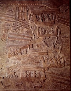 Mesopotâmia: cenário marítimo que representa o transporte de madeira para o Líbano. Detalhe de um albaster em baixo relevo de Khorsabad (Khunsabad). Regne de Sargon II. 710 AC. Paris, Museu do Louvre de Mesopotamian Mesopotamian