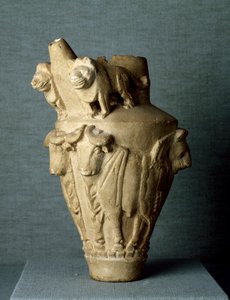 Arte mesopotâmica: vaso de pedra calcária ritual com touros e leões. Sol. h. 30.2 cm Do local de Uruk (ou Uruk), Iraque. Bagdá, Museu Arqueológico de Mesopotamian Mesopotamian
