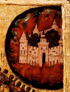 Abençoado Seja o Anfitrião do Rei dos Céus Detalhe: Fogo em Kazan, 1550s de Metropolitan of Moscow Athanasius