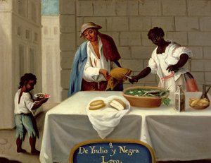 Um homem índio americano e a sua mulher negra, de uma série sobre casamentos entre raças mistas no México de Mexican School