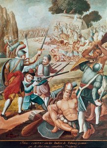 Conquista do México: batalha entre Hernando Cortes (Hernan Cortez) (1485-1547) e os índios Tabasco em 1519" Pintura da escola mexicana
