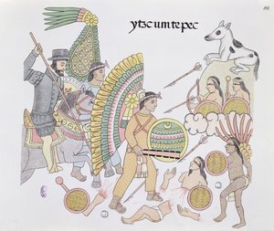Hernando Cortes (1485-1547), sob cerco em Tenochtitlan, resolve abandonar a cidade, ilustração de um fac-símile de uma história de imagens de um índio mexicano Lienzo de Tlaxcala de c.1550, 1892 (cor litho de Mexican School