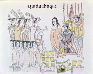 La Malinche (Dona Marina) atuando como intérprete durante a apresentação de mulheres e ouro por Montezuma (1466-1520) para Hernando Cortes (1485-1547) ilustração de um fac-símile de um índio mexicano pict
