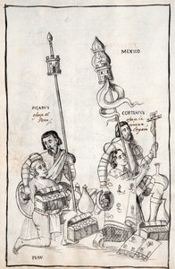 MS Hunter 242 f.248v Picarus (Pizarro) apresenta Peru e Cortesius (Cortes) Nova Espanha, ilustração da História de Tlaxcala por Diego Munoz Camargo de Mexican School