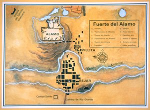 Mapa da área do Álamo em San Antonio com base no mapa original do campo de batalha de Santa Anna
