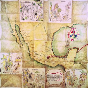 Mapa do percurso seguido por Hernando Cortes (1485-1547) durante a conquista do México