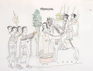 Encontro de Hernando Cortes (1485-1547) e os astecas, ilustração de um fac-símile de uma história do índio mexicano Lienzo de Tlaxcala de c.1550, 1892 de Mexican School