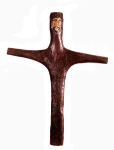 Arte mexicana: cruz de madeira policromada com cabeça de cristo esculpida a partir de uma só peça. Sol do século XVII. 2x1,56 m México. Museu Regional de Michoacan de Mexican School