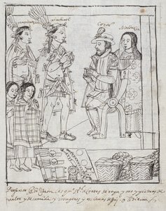 Montezuma encontra-se com Cortez Ms Hunter 242 f.255r Conquista do México, da Historia de Tlaxcala por Diego Munoz Camargo