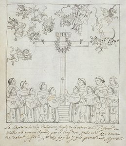 Ms Hunter 242 f.239v A Construção da Primeira Cruz, da Historia de Tlaxcala de Diego Muñoz Camargo de Mexican School