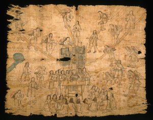 Página do Codex San Pedro Atlapolco, Nahua (tinta e aquarela sobre papel amate) (ver também 499243) de Mexican School