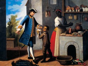 Homem branco espanhol, mulher negra e filho mestiço (mulato), Pintura sobre o tema da miscigenação