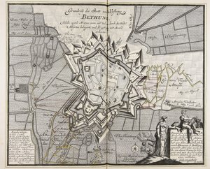 Planta baixa da cidade e fortaleza de Bethune, que foi sitiada pelos Altos Aliados a partir de 14 de julho de 1710. Iul. pelos Altos Aliados e conquistada a 30 de agosto. Ago. com Acordo conquistado / Engineer Meyer ad vivum delineavit. de Meyer