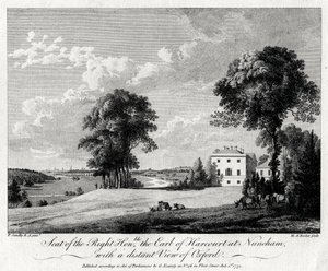 Sede do Direito Honorável Conde de Harcourt em Nuneham, com uma visão distante de Oxford, 1775. de Michael Angelo Rooker