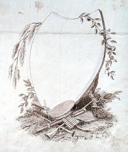 Escudo em forma de coração com instrumentos do livro de recortes de Michael Faraday (caneta e tinta sobre papel)
