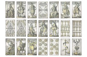 Detalhe de um conjunto extremamente raro de 52 cartas de jogar gravadas nos quatro naipes italianos, Augsburg de Michael Froemmer