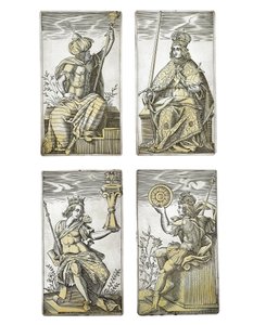 Detalhe de um conjunto extremamente raro de 52 cartas de jogar gravadas nos quatro naipes italianos, Augsburg de Michael Froemmer