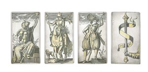 Detalhe de um conjunto extremamente raro de 52 cartas de jogar gravadas nos quatro naipes italianos, Augsburg de Michael Froemmer