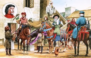 Contos de Canterbury. Peregrinos partindo da Tabard Inn.