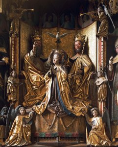Coroação de Altar Virgem, cerca de 1470-1480, por Michael Pacher (falecido em 1498), madeira esculpida, antiga igreja paroquial de Gries, San Quirino, Bolzano, Trentino-Alto Adige, Itália
