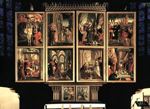 Altar de São Wolfgang, pares de persianas interiores fechadas. 8 cenas (pintura) de Michael Pacher