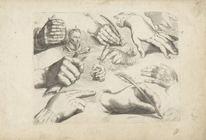 Folha de estudo com exemplos de desenho: mãos e retrato de Hendrick Goltzius de Michael Snijders