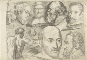 Folha de estudo com exemplos de desenho: figura em pé, galo e cabeças de Michael Snijders