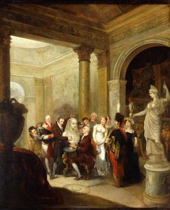 Um interior de Capriccio com um grupo de senhoras e senhores examinando um busto de Antínous, com o Hope Athene e uma galeria de imagens mais à direita; um salão de cúpula à esquerda, 1811