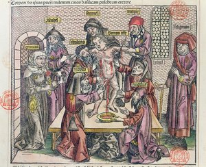 O martírio de Simão em Trento, depois de uma xilogravura em &39;Liber Chronicarum Mundi&39;, publicou Nuremburg, 1493