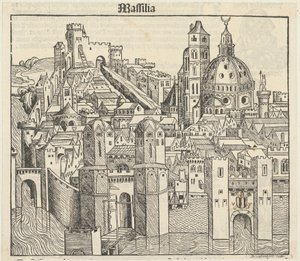 Phantasieansicht der Stadt Marseille [recto], drei Porträts (Phereades, Pythagoras und Sappho) [verso]