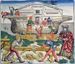 A construção da arca de Noé, da Crônica de Nuremberg por Hartmann Schedel, 1493 (xilogravura a cores)
