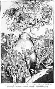 O Reino do Anticristo, do Liber Chronicarum, publicado em 1493, ilustração de Ciência e Literatura na Idade Média e Renascimento, escrito e gravado por Paul Lacroix, 1878 (gravado