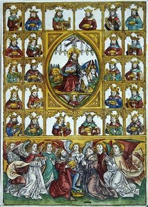 Jesus rodeado pelos Símbolos dos Quatro Evangelistas e de muitos reis que carregam harpas e taças de ouro