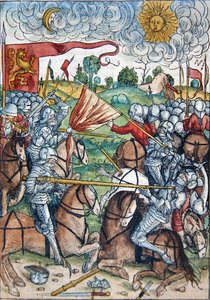 A batalha de Gibeon e o sol e a lua parados a pedido de Josué, de "Le tresor, ou recipient de la vraie richesse du salut de la beatitude eternelle" de Koberger, publicado em Nuernberg
