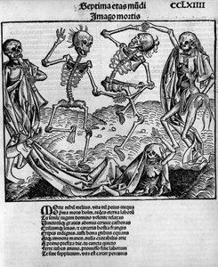 Cena de dança macabra, com esqueletos, - em "Chronicles of Nuremberg" de Hartmann Schedel (1440-1514), editado em Nuremberg por Anton Koberger, 12 de julho de Michael and Pleydenwurff W. (d.1494) Wolgemuth
