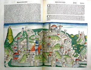 A cidade revoltada de Jerusalém destruída pelo imperador Tito, da Crônica de Nuremberg por Hartmann Schedel (1440-1514) impressa em 1493