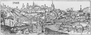 Vista de Praga, ilustração do &39;Liber Chronicarum&39; por Hartmann Schedel (1440-1514) publicado em Nuremberg, 1493