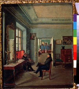 No quarto (no quarto). Dois homens conversando em um interior burguês, as mulheres estão em outra sala. Pintura de Mikhail Fyodorovich Davydov (primeira metade do século XIX). Óleo sobre tela de Michail Fyodorovich Davydov