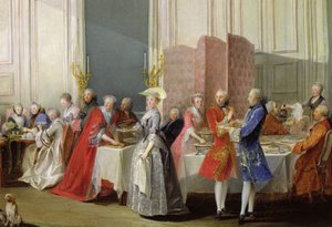 Chá inglês no Salon des Quatre Glaces na Casa do Príncipe de Conti (1717-76) Palais du Temple, detalhe dos convidados, 1766