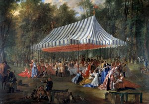 Fete dada por Louis Francois Joseph de Bourbon, Príncipe de Conti ao Príncipe Hereditário Charles Guillaume Ferdinand de Brunswick Luebourg (1735-1806), sob a tenda, na floresta de Cassan, no Banquete da Ilha de Adão em 1766 no parque. Pintura de Michel Ba