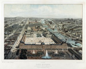 Paris moderna - As Tulherias, o Louvre e a Rue de Rivoli, tiradas do Jardin des Tuileries (Noroeste), pub. 1850 (litografia a cores)