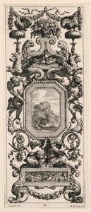 Painel Ornamental encimado por Cesto de Flores e Guirlanda, placa 10 do Livro dos Diversos Grotescos pintado no Gabinete e Termas do Reyne Regente, no Paço Real
